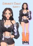  1girl alternate_costume belt black_choker black_hair black_shorts blue_eyes bra choker commentary cropped_jacket duckprotector26 english_commentary eyelashes hand_on_own_hip headphones heart high_heels highres long_hair looking_at_viewer multiple_views nico_robin one_piece pink_lips shorts sidelocks simple_background smile underwear white_belt white_nails 