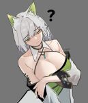  1girl ? animal_ear_fluff animal_ears arknights artist_name bare_shoulders breasts cat_ears cleavage closed_mouth expressionless green_eyes grey_background grey_hair kal&#039;tsit_(arknights) large_breasts medium_hair nuggetkouhai oripathy_lesion_(arknights) simple_background solo upper_body 