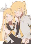  1boy 1girl blonde_hair blue_eyes hair_ornament hairclip hand_on_another&#039;s_cheek hand_on_another&#039;s_face hand_on_another&#039;s_waist highres kagamine_len kagamine_rin school_uniform serafuku smile vocaloid xuanchye246 yellow_nails 