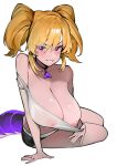  1girl blonde_hair blush breasts choker clothes_pull coco_kaine covered_nipples dismassd dragon_girl highres hololive jewelry large_breasts long_hair looking_at_viewer nipples off_shoulder purple_eyes shirt smile solo twintails virtual_youtuber 
