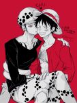  2boys arm_tattoo blush chest_tattoo crossed_legs demorzel denim earrings facial_hair fur_hat goatee grin hat highres hug jeans jewelry kiss kissing_cheek male_focus mixed-language_commentary monkey_d._luffy multiple_boys one_eye_closed one_piece pants red_shirt scar scar_on_face shirt short_hair sitting sitting_on_lap sitting_on_person smile straw_hat stretched_limb tattoo trafalgar_law yaoi yellow_eyes 