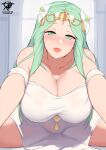  1girl bare_shoulders blush breasts cleavage dress fire_emblem fire_emblem:_three_houses flexible flower green_eyes green_hair hair_flower hair_ornament highres huge_breasts kaos_art long_hair looking_at_viewer open_mouth outstretched_arm pov reaching reaching_towards_viewer rhea_(fire_emblem) smile solo split spread_legs 