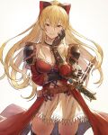  1girl armor blonde_hair boots bow breasts brown_footwear cleavage cross-laced_footwear dress fagi_(kakikaki) gauntlets granblue_fantasy grey_background hair_between_eyes hair_bow hand_on_own_cheek hand_on_own_face highres lace-up_boots large_breasts long_hair looking_at_viewer orange_eyes parted_lips ponytail red_dress shoulder_armor simple_background smile vira_(granblue_fantasy) 