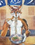 akatan_art anthro arm_markings blue_eyes brown_body brown_fur brown_hair canid cheek_tuft eating eyewear facial_tuft food front_view fur glasses glistening glistening_hair hair looking_at_viewer male mammal markings noodles ramen short_hair solo tuft white_body white_fur