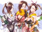  1girl 3girls alcohol animal_ears bare_shoulders black_dress bottle breasts bridal_gauntlets brown_eyes brown_hair bucket carrot cleavage dress fake_animal_ears fire_emblem fire_emblem_fates fire_emblem_heroes flower food frills glass_bottle gloves hair_flower hair_ornament hair_over_one_eye holding holding_food holding_vegetable ice_bucket kagero_(fire_emblem) kagero_(halloween)_(fire_emblem) kagero_(spring)_(fire_emblem) large_breasts leotard long_hair long_sleeves looking_at_viewer maid maid_headdress multiple_girls ninja official_alternate_costume oh01861884 pantyhose playboy_bunny ponytail rabbit_ears scarf sideboob simple_background vegetable wine wine_bottle yellow_scarf 