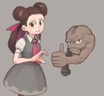  1girl absurdres brown_hair chanta_(ayatakaoisii) collared_shirt cowboy_shot dress geodude grey_background grey_dress hair_ribbon heart_hands_failure highres long_hair pantyhose parted_lips pink_ribbon pokemon pokemon_(creature) red_eyes ribbon roxanne_(pokemon) shirt short_sleeves simple_background smile solo thumbs_up twintails white_shirt 