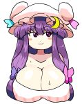  1girl blush bow breasts covered_nipples crescent crescent_hair_ornament crescent_hat_ornament crescent_pin dress embodiment_of_scarlet_devil hair_ornament hat hat_ornament highres large_breasts long_hair mob_cap notnoe_(dxcl) patchouli_knowledge pink_dress pink_headwear puffy_nipples purple_eyes purple_hair ribbon solo striped striped_dress touhou vertical-striped_dress vertical_stripes zun_(style) 
