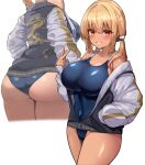  1girl ass black_jacket blonde_hair blue_one-piece_swimsuit blush breasts commentary_request competition_swimsuit covered_navel dark-skinned_female dark_skin dragon_print gyaru hair_ornament hand_in_pocket heart heart_hair_ornament jacket kihou_no_gotoku_dmc kogal large_breasts long_sleeves looking_at_viewer medium_hair multiple_views one-piece_swimsuit original print_jacket red_eyes simple_background sleeves_past_wrists smile solo sukajan swimsuit thighs twintails white_background white_sleeves 