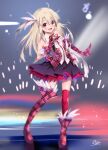  1girl asymmetrical_footwear asymmetrical_gloves black_skirt blonde_hair blush boots breasts fate/kaleid_liner_prisma_illya fate_(series) feather_hair_ornament feathers full_body gloves hair_between_eyes hair_ornament highres illyasviel_von_einzbern illyasviel_von_einzbern_(prisma_klangfest) long_hair looking_at_viewer microphone neck_ribbon one_side_up open_mouth pei_iriya pink_footwear pink_gloves pink_thighhighs pink_vest plaid red_eyes ribbon sidelocks skirt small_breasts smile solo thighhighs vest 
