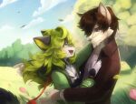 2023 anthro blue_eyes brown_hair canid canine canis duo female fox green_eyes green_hair hair hi_res long_hair male mammal miles_long nova_(hikarikurisu) outside romantic romantic_couple short_hair talilly wolf