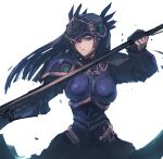  1girl armor black_armor black_hair blue_eyes breastplate breasts closed_mouth feathers helmet hrist_valkyrie long_hair looking_at_viewer madsensei shoulder_armor simple_background solo valkyrie valkyrie_profile weapon white_background winged_helmet 