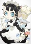  1girl a_a2001214 apron bell black_dress black_hair blue_eyes bottle braid commentary_request cow dress english_text fake_horns food highres holding holding_plate horns ice_cream maid_apron maid_headdress medium_hair milk milk_bottle neck_bell octoling octoling_girl open_mouth parted_lips plate simple_background solo splatoon_(series) tentacle_hair white_background 
