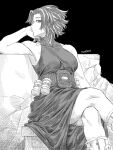  1girl armpits artist_name bare_arms bare_shoulders belt boku_no_hero_academia boots covered_collarbone crossed_legs dress fur-trimmed_footwear fur_trim greyscale hand_on_own_cheek hand_on_own_face head_rest highres honexstage lady_nagant long_dress looking_at_viewer medium_hair monochrome short_hair sitting sleeveless_turtleneck_dress solo taut_clothes taut_dress utility_belt zipper_footwear 