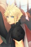  1boy 2girls aerith_gainsborough ah_yoshimizu armor black_hair black_sweater blonde_hair blue_eyes blurry bow brown_hair buster_sword cloud_strife commentary_request day depth_of_field earrings final_fantasy final_fantasy_vii final_fantasy_vii_remake hair_bow jewelry long_hair looking_at_viewer male_focus multiple_girls notice_lines outdoors pauldrons pink_bow ponytail short_hair shoulder_armor single_pauldron sleeveless sleeveless_turtleneck solo_focus spiked_hair spiked_pauldrons stud_earrings suspenders sweater sword sword_on_back tifa_lockhart turtleneck upper_body weapon weapon_on_back 