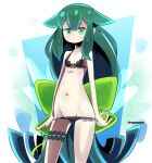  1girl bikini black_bikini bow cowboy_shot dragodragodran frilled_bikini frills gatchaman_crowds green_bow green_eyes green_hair groin hair_flaps highres long_hair lowleg lowleg_bikini miya_utsutsu navel solo standing swimsuit 