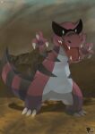  absurdres black_sclera black_stripes claws colored_sclera colored_skin crocodilian desert edo_nova fangs grey_eyes highres krookodile long_tail no_humans pokemon red_skin spikes tail 