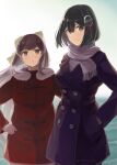  2girls alternate_costume black_hair bow brown_eyes coat haguro_(kancolle) hair_bow hair_ornament height_difference highres kamikaze_(kancolle) kantai_collection long_hair long_sleeves multiple_girls outdoors purple_coat purple_eyes purple_hair purple_scarf red_coat scarf short_hair smile tomoyo_kai yellow_bow 