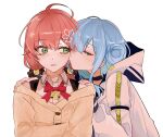  2girls ahoge blue_hair blush buttons closed_eyes collarbone crossed_arms flower green_eyes hair_flower hair_ornament hands_on_another&#039;s_shoulders highres hololive hood hoodie hoshimachi_suisei ivi_1596 kiss kissing_cheek long_sleeves looking_at_another low_twintails multiple_girls open_mouth pink_hair red_neckwear sakura_miko sweat twintails upper_body virtual_youtuber white_background yuri 