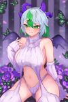  1girl alternate_costume apricot_the_lich ass_visible_through_thighs backless_outfit blush breasts bug butterfly chimanakoneko demon_girl demon_horns demon_wings detached_sleeves flower green_butterfly green_eyes green_hair grey_hair hair_ornament highres horns long_sleeves looking_at_viewer medium_breasts meme_attire multicolored_hair multiple_horns navel panties purple_flower purple_horns purple_wings short_hair sideboob smile solo streaked_hair sweater thong turtleneck turtleneck_sweater underwear virgin_destroyer_sweater virtual_youtuber vshojo white_panties white_sweater wings x_hair_ornament 