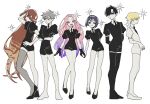  3boys 3girls alien_stage black_eyes black_footwear black_gloves black_hair black_necktie black_shirt black_thighhighs blonde_hair blue_hair brown_eyes collared_shirt full_body gem_uniform_(houseki_no_kuni) gloves grey_background grey_hair highres holding_hands houseki_no_kuni hyuna_(alien_stage) itokin0 ivan_(alien_stage) luka_(alien_stage) mizi_(alien_stage) multicolored_hair multiple_boys multiple_girls necktie pink_eyes pink_hair puffy_short_sleeves puffy_sleeves purple_hair red_eyes red_hair shirt short_sleeves shorts simple_background sua_(alien_stage) thighhighs till_(alien_stage) white_footwear white_gloves white_shirt white_shorts yellow_eyes 