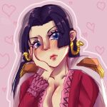  1girl black_hair blue_eyes boa_hancock breasts cleavage closed_mouth earrings heart highres jewelry looking_at_viewer one_piece self-upload simple_background snake_earrings 