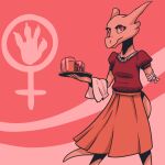 2019 2_horns amputee anthro arzfayz arzfayz_amazing_adventure_quest bald bottomwear breasts clothed clothing container cup deer_(artist) digital_media_(artwork) disability eyelashes female female_symbol fully_clothed gender_symbol glass glass_container glass_cup hi_res holding_plate horn kobold medium_breasts missing_arm mug orange_bottomwear orange_clothing orange_skirt pink_background portrait red_clothing red_eyes red_shirt red_topwear shirt simple_background skirt snout solo standing stump_bandage symbol tail three-quarter_portrait three-quarter_view topwear women&#039;s_day