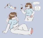2024 3_toes 4_fingers alcohol anthro belly_blush beverage blue_background blue_clothing blue_shirt blue_topwear blush body_blush bottomless breasts brown_hair bubble clothed clothing container crotch_tuft cup dialogue drinking_glass drunk drunk_bubble english_text fakeanimalperson feet female fingers floppy_ears fur genitals glass glass_container glass_cup hair hair_over_eye hi_res holding_object humanoid_genitalia humanoid_pussy inner_ear_fluff lagomorph lagomorph_nose leporid lop_ears lying mammal multiple_images navel on_back one_eye_obstructed pawpads pink_pawpads pussy rabbit shirt simple_background sleeping slightly_chubby slightly_chubby_female small_breasts soles solo speech_bubble substance_intoxication text toes topwear tuft white_body white_fur wine wine_glass