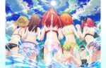  1boy 5girls ahoge ass back back_focus backboob barefoot bikini bikini_skirt black_bikini blue_bikini border breasts brown_hair butterfly_hair_ornament feet floral_print from_behind from_below go-toubun_no_hanayome green_bikini green_ribbon hair_ornament hair_ribbon halterneck hands_up hat holding_hands long_hair male_swimwear multiple_girls nakano_ichika nakano_itsuki nakano_miku nakano_nino nakano_yotsuba official_art orange_hair outdoors partially_submerged pink_hair print_bikini purple_bikini recording red_hair ribbon short_hair shoulder_blades side-tie_bikini_bottom sky splashing standing standing_on_one_leg straw_hat striped striped_bikini sun sunlight swimsuit thighs two-tone_bikini uesugi_fuutarou vertical-striped_bikini vertical_stripes water white_bikini 