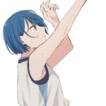  1girl arms_up blue_eyes blue_hair commentary_request film_grain gym_shirt highres kiritani_haruka parted_lips project_sekai shirt short_hair simple_background sleeveless sleeveless_shirt solo sweat upper_body white_background white_shirt yarou_(0tyaro) 