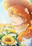  1boy alternate_costume artist_name blurry blurry_background bouquet collared_shirt colored_eyelashes daisy day fate/grand_order fate_(series) flower green_eyes grin hair_between_eyes hair_flower hair_ornament hat highres holding holding_bouquet light_particles long_hair looking_at_viewer male_focus nekohanemocha orange_hair outdoors portrait romani_archaman shirt smile solo straw_hat sun_hat sunflower twitter_username white_flower white_shirt yellow_flower 