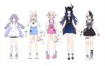  5girls animal_ears black_footwear black_hair black_skirt blonde_hair blue_dress blue_eyes blue_hair blue_socks closed_mouth colored_inner_hair dog_ears dog_tail dress full_body fuwawa_abyssgard highres holoadvent hololive hololive_english horns jacket koseki_bijou long_hair looking_at_viewer low_twintails mococo_abyssgard multicolored_hair multiple_girls nerissa_ravencroft ninomae_ina&#039;nis_(artist) official_alternate_costume official_alternate_hairstyle pink_eyes pink_footwear purple_eyes purple_jacket shiori_novella shoes simple_background skirt socks standing tail twintails two_side_up very_long_hair white_background white_socks yellow_eyes 