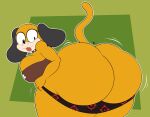 anthro bent_over big_breasts big_butt black_clothing black_panties black_underwear breasts butt canid canine canis clothed clothing collar digital_drawing_(artwork) digital_media_(artwork) domestic_dog duck_hunt duck_hunt_dog female green_background hi_res huntress_(lewdewott) looking_back mammal mrxrickyx nintendo orange_body panties panties_down partially_clothed raised_tail rear_view simple_background solo spiked_collar spikes tail thick_thighs tongue tongue_out underwear underwear_down