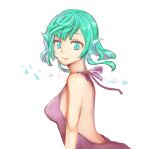  1girl absurdres aqua_eyes aqua_hair back backless_dress backless_outfit bangs bare_back clarice_amber dress from_behind head_fins highres looking_at_viewer looking_back pop-up_story short_hair simple_background siren_(mythology) smile solo vetica white_background 