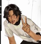  1boy bishounen black_hair freckles highres lips long_hair male_focus nose one_eye_closed one_piece phoneafrog portgas_d._ace realistic shirt solo t-shirt tongue tongue_out v white_shirt 
