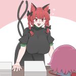  2girls :d animal_ears black_bow bow braid breasts cat_ears cat_girl cat_tail commentary desk dress english_commentary extra_ears green_dress hair_bow highres kaenbyou_rin komeiji_satori large_breasts leaning_forward mata_(matasoup) multiple_girls multiple_tails open_mouth paper_stack pink_background pink_hair red_eyes red_hair short_hair smile solo_focus tail third_eye touhou twin_braids two-tone_background two_tails white_background 