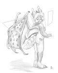 2024 anthro bat_wings bottomless breasts butt claws clothed clothing dragon felid feline female flinters fur greyscale hair hi_res hoodie hoodie_only looking_back lynx mammal membrane_(anatomy) membranous_wings mid_transformation monochrome reidon solo tail toe_claws topwear topwear_only whiskers wings