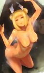  1girl armpits ass blonde_hair breasts completely_nude cu29do2 double_bun hair_bun haniwa_(statue) highres joutouguu_mayumi kneeling nude sweat touhou very_sweaty 