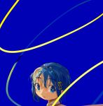  1girl absurdres bangs blue_background blue_eyes blue_hair expressionless eyebrows_visible_through_hair fortissimo fortissimo_hair_ornament hair_ornament highres looking_at_viewer mahou_shoujo_madoka_magica miki_sayaka ribbon sate_(ryu_ryu_1212m) shadow short_hair simple_background solo yellow_ribbon 