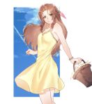  1girl aerith_gainsborough ah_yoshimizu alternate_costume alternate_hairstyle basket blue_sky braid brown_hair cloud cloudy_sky commentary_request crown_braid day dress final_fantasy final_fantasy_vii flower green_eyes grin hair_down hair_ribbon hand_up happy highres holding holding_basket long_hair outdoors pink_ribbon ribbon sidelocks sky smile solo standing sundress upper_body wavy_hair yellow_dress 
