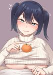  1girl absurdres black_hair blue_eyes breasts food fruit grey_background highres kantai_collection kiritto large_breasts long_sleeves looking_at_viewer mandarin_orange medium_hair oppai_mochi ribbed_sweater simple_background solo souryuu_(kancolle) sweater underboob upper_body white_sweater 