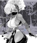  1girl afro bra bra_peek fingerless_gloves fishnets gloves greyscale hairband headphones highres hip_vent hiroshi_mono kimberly_jackson looking_at_viewer mask monochrome mouth_mask ninja official_alternate_costume official_alternate_hairstyle panties panty_peek scarf shuriken solo street_fighter street_fighter_6 underwear weapon 