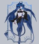  1girl animal_feet black_sclera blue_eyes blue_fur blue_hair blue_horns blue_wings bra claws closed_mouth colored_eyelashes colored_inner_hair colored_sclera crossed_ankles demon_girl demon_horns demon_tail detached_sleeves feathered_wings full_body grey_background hand_on_own_hip head_wings highres hooves horizontal_pupils horns inset_border long_sleeves looking_at_viewer low_wings monster_girl multicolored_hair multiple_wings navel original ornate_border pale_skin pointy_ears sabuneko2645 short_hair simple_background solo standing strapless strapless_bra tail thighlet underwear wide_sleeves wings 