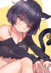  1girl absurdres animal_ears ass azur_lane bare_shoulders bell belt black_hair black_shirt black_shorts blunt_bangs breasts cat_ears cat_girl cat_tail classic_(zildjian33) cleavage cola collarbone commentary_request denim denim_shorts eyes_visible_through_hair head_tilt highres long_sleeves looking_at_viewer midriff official_alternate_costume panties panty_peek red_eyes revision shirt short_hair short_shorts shorts sidelocks simple_background sitting smile soda_bottle solo spaghetti_strap tail tail_bell tail_ornament thick_eyebrows two-tone_background underwear yamashiro_(azur_lane) yamashiro_(vacation_offensive!)_(azur_lane) 