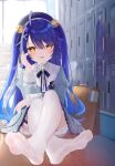  1girl ahoge amamiya_kokoro bell blue_bow blue_bowtie blue_dress blue_hair blue_headwear blurry blurry_background blush bow bowtie choker collared_dress crossed_ankles dorsiflexion dress eyelashes fang feet foot_focus foreshortening frilled_choker frilled_dress frills full_body getabako hair_bell hair_intakes hair_ornament hair_over_one_eye highres indoors juliet_sleeves knees_up kou_futoshi legs long_hair long_sleeves looking_at_viewer nijisanji no_shoes on_ground paid_reward_available parted_bangs puffy_sleeves school_uniform sidelocks sitting skin_fang soles solo thigh_strap thighhighs toes very_long_hair virtual_youtuber white_thighhighs wings wooden_floor x_hair_ornament yellow_eyes 