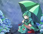  1girl 1other blue_flower boots bulbasaur check_flower closed_mouth cloud cloudy_sky commentary_request creature_and_personification flower green_hair green_raincoat green_skirt green_umbrella hair_between_eyes hair_ornament highres holding holding_umbrella hydrangea kuroishiro light_smile long_sleeves lying on_stomach outdoors personification pokemon pokemon_(creature) rain raincoat red_eyes red_footwear rubber_boots short_hair sidelocks skirt sky squatting umbrella x_hair_ornament 