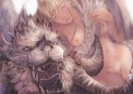  1boy 1girl absurdres blonde_hair blue_eyes breasts completely_nude dragon english_commentary fangs final_fantasy final_fantasy_xiv gusty10rk highres horns hraesvelgr_(ff14) looking_at_viewer navel nipples nude open_mouth pussy ryne_waters sharp_teeth stomach teeth tongue uncensored white_fur wings 