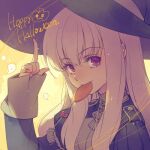  1girl black_headwear candy commentary_request fire_emblem fire_emblem:_three_houses food garreg_mach_monastery_uniform hair_between_eyes halloween happy_halloween hat index_finger_raised large_hat lollipop long_hair looking_at_viewer lowres lysithea_von_ordelia mouth_hold nerikiri6 purple_eyes sleeves_past_wrists smile solo uniform white_hair witch_hat yellow_background 