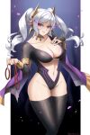  1girl athletic_leotard blush bodysuit breasts bridal_gauntlets burnt_green_tea cleavage collar dark_persona evil_smile fire_emblem fire_emblem_awakening fire_emblem_heroes grima_(fire_emblem) hand_on_own_chest highres holding holding_leash large_breasts leash leotard lips long_hair long_sleeves looking_at_viewer magic official_alternate_costume open_mouth purple_nails red_eyes robin_(female)_(fell_tactician)_(fire_emblem) robin_(female)_(fire_emblem) robin_(fire_emblem) simple_background skin_tight smile solo spiked_collar spikes thighhighs thighs twintails white_hair 