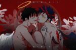  2boys angel_wings back back_tattoo black_hair black_wings bleeding blood closed_eyes commentary_request crying demorzel earrings facial_hair goatee halo head_wreath highres injury jewelry male_focus monkey_d._luffy multiple_boys nude one_piece short_hair shoulder_tattoo smile tattoo tears trafalgar_law white_wings wings yaoi yellow_eyes 