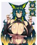  1girl amagami_shinia animal_ears aqua_hair aqua_nails arms_up badge baggy_pants bikini bikini_under_clothes blush braid breastless_clothes breasts button_badge commission commissioner_insert contrapposto detached_sleeves fang fangs green_eyes green_hair hand_up highres huge_breasts hz_(666v) indie_virtual_youtuber large_breasts micro_bikini multicolored_hair navel open_fly open_mouth orange_hair pants second-party_source side-tie_bikini_bottom simple_background skeb_commission solo swimsuit tail twin_braids unbuttoned virtual_youtuber white_background wolf_ears wolf_girl wolf_tail 